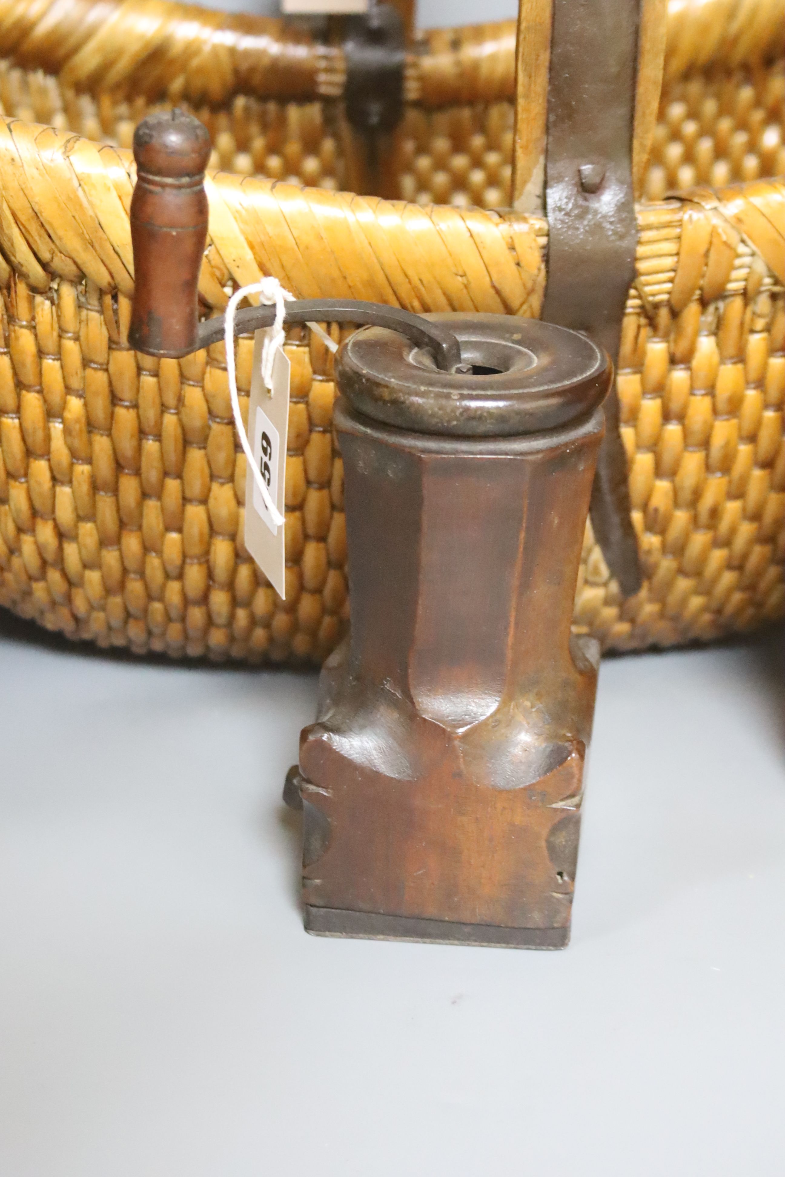 A Victorian boxwood spice tower, 17cm, a 19th century French walnut coffee grinder, 22cm and a vintage Japanese metal-bound woven bamboo basket, width 59cm